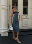 side view of model wearing Princess Polly Smokeshow Strapless Midi Dress Blue Denim Sweetheart Neckline 