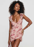 side view of model wearing Princess Polly Trigg Mini Dress Pink Floral Plunger 