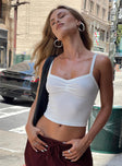 side view of model wearing Princess Polly Essentials Ruched Rib Cami Top White Sleeveless Sweetheart 