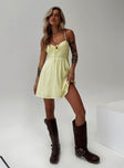 front view of model wearing Princess Polly Tassos Mini Dress Lemon Sweetheart Neckline 