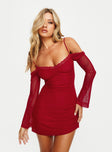 side view of model wearing Princess Polly Edmone Long Sleeve Mini Dress Red Scoop Neck 