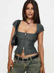 front view of model wearing Princess Polly Santa Cruz Zip Through Top Grey Pinstripe Short Sleeves Square Neck 