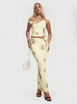 front view of model wearing Princess Polly Rios One Shoulder Top Yellow Floral Sleeveless Asymmetric Neckline 