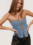 back view of model wearing Princess Polly Eden Lace Up Corset Denim Mid Wash Sleeveless straight 