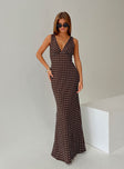 front view of model wearing Princess Polly Nellie Maxi Dress Brown Polka Dot V-Neck 