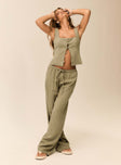 front view of model wearing Princess Polly Zenda Linen Blend Top Olive Sleeveless Square Neck 