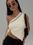 front view of model wearing Princess Polly Frankle Top Cream/black Sleeveless Asymmetric Neckline 