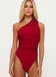 Heston Asymmetrical Ruched Bodysuit Red