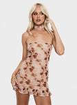 front view of model wearing Princess Polly Stockton Strapless Mini Dress Beige Floral Straight Neck 