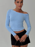 front view of model wearing Princess Polly Malian Long Sleeve Top Blue Full Sleeves Asymmetric Neckline 