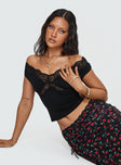 front view of model wearing Princess Polly Amarena Off The Shoulder Lace Top Black Short Sleeves 