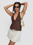 front view of model wearing Princess Polly Gadot Halter Top Brown Sleeveless Plunger 