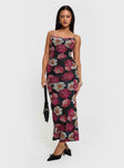 side view of model wearing Princess Polly Auley Maxi Dress Multi / Red Floral Cowl Neck 