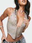 front view of model wearing Princess Polly Palladia Faux Leather Jordy Corset Taupe Sleeveless Plunger 