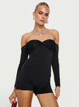 Off-the-shoulder playsuit Twist detail at bust, inner silicone strip at bust, invisible zip fastening Good stretch, fully lined  Princess Polly Lower Impact 