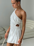 side view of model wearing Princess Polly Mayzie One Shoulder Mini Dress White Asymmetric Neckline 