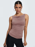 side view of model wearing Princess Polly Kind To Another Ruched Top Mauve Sleeveless Cowl 