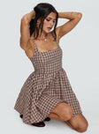 side view of model wearing Princess Polly Cartmel Mini Dress Brown / Pink Square Neck 