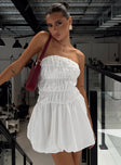 front view of model wearing Princess Polly Karenza Bubble Hem Mini Dress White Straight Neck 