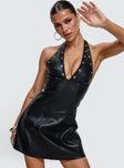 side view of model wearing Princess Polly Hit Different Faux Leather Mini Dress Black Plunger 