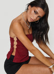 side view of model wearing Princess Polly Round The World Strapless Top Burgundy Sleeveless straight 