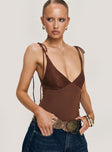 side view of model wearing Princess Polly Prichard Bodysuit Brown Sleeveless 