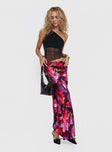   side view of model wearing Princess Polly Joder Maxi Skirt Purple Floral Maxi 