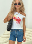 front view of model wearing Princess Polly Edwardi Hibiscus Top White Sleeveless Asymmetric Neckline 