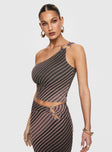 side view of model wearing Princess Polly Rios One Shoulder Top Brown Stripe Sleeveless Asymmetric Neckline 