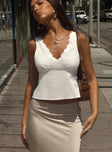 front view of model wearing Princess Polly Cappucino Lace Trim Top White Sleeveless Plunger 