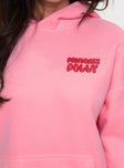 back view of model wearing Princess Polly Princess Polly Hooded Sweatshirt Bubble Text Pink / Red 