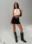 front view of model wearing Princess Polly Saldana Shorts Washed Black Denim High Waisted Shorts 