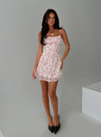 back view of model wearing Princess Polly Valencia Mini Dress Pink / Floral Square Neck 