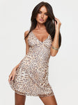 front view of model wearing Princess Polly Zuba Mini Dress Leopard V-Neck 