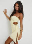 side view of model wearing Princess Polly Twyla Strapless Mini Dress Yellow Asymmetric Neckline 