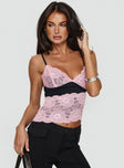 front view of model wearing Princess Polly Antoine Top Pink / Black Sleeveless Plunger 