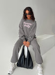 front view of model wearing Princess Polly Princess Polly Track Pants Puff Text Charcoal 