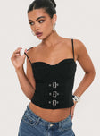 front view of model wearing Princess Polly Come Through Top Black Sleeveless Sweetheart 