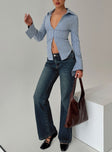 front view of model wearing Princess Polly Madlin Long Sleeve Top Blue Stripe Full Sleeves V-Neck 