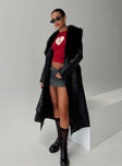 Faux leather longline coat Faux fur colour, twin hip pockets, button & belt fastening at waist Non-stretch material, fully lined 