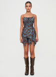 front view of model wearing Princess Polly Barrett Mini Dress Blue / Floral Square Neck 