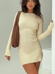 front view of model wearing Princess Polly Osment Long Sleeve Knit Mini Dress Cream High Neck 