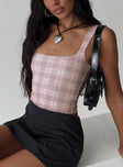 back view of model wearing Princess Polly Back In Time Top Pink Check Sleeveless Square Neck 