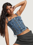 back view of model wearing Princess Polly Yappa Denim Top Mid Wash Sleeveless Square Neck 