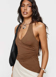 side view of model wearing Princess Polly Marvin Halter Top Brown Sleeveless V-Neck 