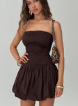 front view of model wearing Princess Polly Bonjour Bubble Hem Mini Dress Brown Straight Neck 