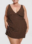 front view of model wearing Princess Polly Nellie Mini Dress Brown Polka Dot Curve Plunger 