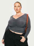 side view of model wearing Princess Polly Moylan Long Sleeve Top Grey Curve Full Sleeves V-Neck 