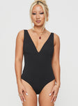 front view of model wearing Princess Polly Enid Bodysuit Black Sleeveless 