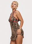 side view of model wearing Princess Polly Arzelie Bias Halter Mini Dress Leopard Plunger 